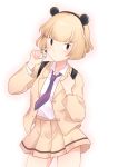  1girl animal_ears backpack bag bangs black_hairband blazer blonde_hair blunt_bangs brown_eyes charm_(object) collared_shirt commentary_request cowboy_shot fake_animal_ears hairband highres hikaru_(ofuton_at5) holding holding_charm holding_strap jacket looking_at_viewer mouse_ears necktie open_blazer open_clothes open_jacket pleated_skirt purple_neckwear school_uniform shirt shirt_tucked_in short_hair simple_background skirt solo standing uchi_emiri unusually_open_eyes watashi_ga_motenai_no_wa_dou_kangaetemo_omaera_ga_warui! white_background white_shirt yellow_jacket yellow_skirt 