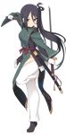  1girl baton black_hair closed_mouth double-breasted dual_wielding full_body gloves holding holding_sword holding_weapon long_hair long_sleeves looking_at_viewer open_pants pants pelvic_curtain purple_eyes reverse_grip shichiseiken_(tenka_hyakken) shiseki_hirame shoes side_ponytail simple_background smile solo standing standing_on_one_leg sword tenka_hyakken weapon white_background white_gloves white_pants 