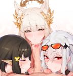  1boy 3girls ahoge animal_ear_fluff animal_ears arknights bangs black_hair blush brown_eyes choker closed_eyes cum cum_in_mouth cum_in_nose eunectes_(arknights) eyewear_on_head fellatio flower hair_between_eyes hair_flower hair_ornament heart heavy_breathing highres horse_ears laserflip laurel_crown long_hair looking_at_viewer male_pubic_hair multiple_girls oral outdoors penis platinum_(arknights) pointy_ears pubic_hair red_eyes saliva short_hair sidelocks silver_hair skadi_(arknights) stray_pubic_hair sucking_testicles testicles tinted_eyewear uncensored whale_hair_ornament white_hair yellow_flower 