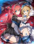  2girls airi_(queen&#039;s_blade) apron asymmetrical_docking bangs bed between_breasts black_bow black_dress black_legwear black_ribbon blue_bow blue_eyes blue_flower blue_rose blue_sky blush bound bound_wrists bow breast_press breasts chain clothing_cutout cloud crown detached_sleeves dress drill_hair flower funikura garter_straps gauntlets gloves greaves hair_bow hair_flower hair_ornament indoors leash long_hair looking_at_viewer lying maid maid_apron maid_headdress medium_breasts multiple_girls navel_cutout official_art on_back on_bed open_mouth petals platinum_blonde_hair pointy_ears puffy_short_sleeves puffy_sleeves queen&#039;s_blade queen&#039;s_blade_unlimited queen&#039;s_blade_white_triangle red_hair restrained ribbon rose seiza short_hair short_sleeves single_gauntlet sitting sky small_breasts tentacles thighhighs twintails white_dress white_gloves wrist_cuffs ymir_(queen&#039;s_blade) 
