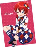  1girl belt blue_eyes blush boots bow character_name from_above hair_bow high_heel_boots high_heels highres idol idolmaster idolmaster_million_live! julia_(idolmaster) looking_at_viewer one_eye_closed open_mouth polka_dot polka_dot_background red_background red_hair short_hair simple_background sitting smile solo star_(symbol) tahara_emu 