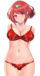  1girl absurdres arms_behind_back bad_id bad_twitter_id bangs bare_shoulders blush bra breasts cleavage closed_mouth collarbone female_pubic_hair highres large_breasts looking_at_viewer muka_tsuku navel panties pubic_hair pubic_hair_peek pyra_(xenoblade) red_bra red_eyes red_hair red_panties short_hair sidelocks simple_background skindentation smile solo swept_bangs thighs tiara underwear underwear_only white_background xenoblade_chronicles_(series) xenoblade_chronicles_2 