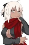  1girl ahoge blonde_hair breasts closed_mouth dark_skin fate/grand_order fate_(series) hand_up large_breasts looking_at_viewer okita_souji_(alter)_(fate) okita_souji_(fate)_(all) ponytail red_scarf scarf shiseki_hirame short_hair simple_background solo vambraces white_background yellow_eyes 