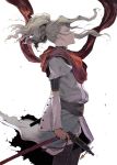  1boy akutsumi blonde_hair floating_clothes floating_hair from_side gunxsword long_hair looking_up ray_lundgren red_scarf scarf solo white_background 