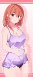  1girl bangs bare_shoulders bikini bikini_bottom blush braid breasts camisole cleavage fingers_together floral_print hair_between_eyes hair_ribbon highres kanojo_okarishimasu looking_at_viewer medium_breasts medium_hair purple_camisole red_eyes red_hair ribbon rizuta sakurasawa_sumi side_braid solo swimsuit swimsuit_under_clothes thighs 