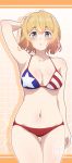  1girl ahoge american_flag_bikini arm_up armpits bangs bare_shoulders bikini blonde_hair blue_eyes blush breasts cleavage flag_print hair_between_eyes highres kanojo_okarishimasu looking_at_viewer medium_breasts nanami_mami navel parted_lips rizuta short_hair solo swimsuit thigh_gap thighs 