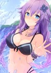 1girl aisu_(icicleshot) arm_behind_back bikini black_bikini blue_eyes blush braid breasts cleavage commentary_request day frown groin hair_between_eyes hair_ornament hand_up highres jewelry long_hair looking_at_viewer medium_breasts midriff navel necklace neptune_(series) outdoors power_symbol purple_hair purple_heart reaching_out solo splashing stomach swimsuit symbol-shaped_pupils twin_braids twintails very_long_hair wading water wet 