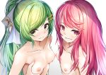  2girls :d bangs blush bow breast_hold breasts bright_pupils brown_eyes collarbone eyebrows_visible_through_hair gabriel_(monster_strike) green_hair grin hair_bow hair_ornament hairclip long_hair looking_at_viewer michael_(monster_strike) monster_strike multiple_girls nipples nude open_mouth pink_hair ponytail red_eyes simple_background small_breasts smile star_(symbol) swept_bangs teeth tsuseki upper_body very_long_hair white_background white_bow 