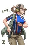  1girl artist_logo baseball_cap belt breasts brown_hair brown_pants collarbone covered_collarbone covered_navel cowboy_shot cz-75 cz-75_(girls_frontline) dated girls_frontline glasses green_eyes gun handgun hat headphones highres jpc khakis linea_alba looking_away medium_breasts open_clothes open_vest pants ponytail shirt short_ponytail sidelocks simple_background solo t-shirt taut_clothes taut_shirt vest watch weapon 