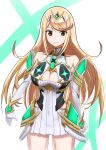  1girl artist_request bare_shoulders blonde_hair breasts cleavage cleavage_cutout clothing_cutout covered_navel donageage dress elbow_gloves gem gloves hair_ornament headpiece highres jewelry long_hair mythra_(xenoblade) solo thighs tiara upper_body very_long_hair white_dress xenoblade_chronicles_(series) xenoblade_chronicles_2 yellow_eyes 