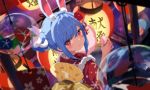  1girl :t animal_ear_fluff animal_ears bangs blue_hair blurry blush braid braided_bun bunny-shaped_pupils bunny_ears bunny_girl chewing cotton_candy depth_of_field double_bun eating extra_ears eyebrows eyebrows_visible_through_hair fan from_above from_behind fur-trimmed_kimono fur_trim hair_ornament hikimayu hololive japanese_clothes kanzashi kimono lantern long_hair looking_at_viewer looking_back night obi paper_fan paper_lantern red_eyes red_kimono remini_(scenceremini) sash solo summer_festival twin_braids uchiwa upper_body usada_pekora virtual_youtuber water_yoyo white_hair wind_chime yukata 