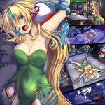  1girl armor blonde_hair blue_eyes breasts bridal_gauntlets cleavage commentary_request dress forehead_jewel gameplay_mechanics green_dress health_bar helmet highres large_breasts long_hair monikano multiple_boys pauldrons restrained riesz seiken_densetsu seiken_densetsu_3 ship shoulder_armor stationary_restraints very_long_hair watercraft winged_helmet 