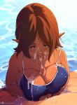  1boy 1girl blue_swimsuit blush breast_squeeze breasts brown_hair cleavage clothing_cutout commentary commission competition_swimsuit covered_nipples cum cum_in_mouth cum_on_body cum_on_breasts cum_on_clothes cum_on_tongue cum_on_upper_body dark_elf dark_elf_(litchipix) dark_skin day elf english_commentary facial green_eyes heart heart-shaped_pupils hetero highres huge_breasts litchipix one-piece_swimsuit original paizuri paizuri_under_clothes partially_submerged patreon_username penis pointy_ears pov short_hair solo_focus spaghetti_strap swimsuit symbol-shaped_pupils tongue tongue_out uncensored underboob_cutout water watermark web_address 