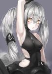  1girl absurdres arm_up armpits breasts destroyer_(girls_frontline) girls_frontline highres long_hair medium_breasts sangvis_ferri silver_hair skindentation solo steaming_body torieto twintails very_long_hair yellow_eyes 