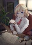  1girl absurdres armchair blonde_hair blue_eyes chair closed_mouth english_commentary feathers fish_skeleton flareza furniture highres hololive hololive_english indoors looking_at_viewer plant sitting smile solo virtual_youtuber watson_amelia window 