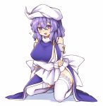  :d apron arm_warmers blush bra breasts commentary commission dress english_commentary flying_sweatdrops hat kneeling large_breasts letty_whiterock looking_at_viewer medium_hair open_mouth purple_dress purple_eyes purple_hair shoes simple_background smile thighhighs touhou underwear waist_apron white_apron white_background white_bra white_footwear white_headwear white_legwear wool_(miwol) 