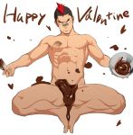  1boy abs bandaid bandaid_on_nose bara bare_chest black_hair brush chest chocolate_on_body chocolate_on_penis completely_nude erection food_on_body full_body happy_valentine itto_(mentaiko) kill_la_kill kinagase_tsumugu male_focus mohawk multicolored_hair muscle navel nipples nude penis red_hair short_hair solo testicles thick_thighs thighs two-tone_hair valentine 