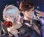  2boys apple armor belial_(granblue_fantasy) black_shirt blue_eyes brown_hair character_name chest collar eating feather_boa food fruit gradient_hair granblue_fantasy light_particles looking_at_viewer male_focus multicolored_hair multiple_boys pauldrons quetzalliao red_eyes shirt short_hair shoulder_armor smile starry_background upper_body white_hair 