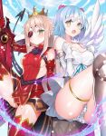  2girls aldra_(queen&#039;s_blade) angel_wings armor armored_dress ass asymmetrical_wings blue_hair blue_sky breasts chemise cloud cloudy_sky crotch_seam crown day demon_girl demon_tail demon_wings elbow_gloves eyepatch gauntlets gloves greaves green_eyes hair_bobbles hair_ornament large_breasts long_hair looking_at_viewer multiple_girls nanael open_mouth outdoors panties platinum_blonde_hair pointy_ears polka_dot polka_dot_panties queen&#039;s_blade queen&#039;s_blade_unlimited queen&#039;s_blade_white_triangle red_legwear shiny short_hair sidelocks sitting sky small_breasts solo sword tail thigh_strap thighhighs underwear very_long_hair weapon white_gloves white_panties white_wings wings 