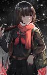  1girl absurdres backpack bag bangs belt belt_buckle black_hair black_sailor_collar black_serafuku black_shirt black_skirt blush brown_belt brown_eyes buckle closed_mouth commentary eyebrows_visible_through_hair gar32 girls_frontline gun highres holding holding_gun holding_weapon long_hair long_sleeves looking_away looking_to_the_side neckerchief night object_namesake outdoors pleated_skirt red_neckwear red_scarf sailor_collar scarf school_uniform serafuku shirt skirt snow snowing solo submachine_gun type_100 type_100_(girls_frontline) very_long_hair weapon 