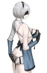  1girl ass bandaged_arm bandaged_neck bandages bare_shoulders black_hairband blindfold breasts butt_crack closed_mouth commentary_request cosplay from_behind gloves hairband hand_on_own_ass highres kaine_(nier) kaine_(nier)_(cosplay) lingerie medium_breasts negligee nier_(series) nier_automata nipples nyatokanyaru pale_skin shiny shiny_hair simple_background solo thighs underwear white_background white_hair yorha_no._2_type_b 