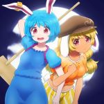  2girls alternate_hairstyle animal_ears arm_behind_head arm_up blonde_hair blue_hair blue_shirt blue_skirt breasts brown_headwear bunny_ears bunny_tail cloud collarbone commentary_request cowboy_shot crop_top ear_clip flat_cap floppy_ears full_moon hairstyle_switch hat highres kine leaning_forward light_frown locked_arms long_hair looking_at_viewer low_twintails mallet medium_breasts midriff moon multiple_girls navel open_mouth orange_shirt puffy_short_sleeves puffy_sleeves red_eyes ringo_(touhou) seiran_(touhou) shirosato shirt short_hair short_sleeves shorts skirt small_breasts standing striped striped_shorts tail tan touhou twintails yellow_shorts 