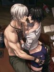  1boy 1girl ass_grab bike_shorts black_gloves black_hair book bottle breasts brown_gloves carpet cleavage collarbone dante_(devil_may_cry) devil_may_cry devil_may_cry_3 eye_contact facial_scar fingernails gloves imminent_kiss jewelry lady_(devil_may_cry) looking_at_another necklace nose_scar open_book ozkh6 parted_lips phone scar shirtless short_hair sitting smile soda_bottle table thigh_strap white_background white_hair 