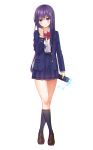  1girl black_legwear blazer blue_eyes blue_skirt blush bow brown_footwear commentary electricity hair_ornament hairclip highres jacket kneehighs long_hair long_sleeves original purple_hair red_bow school_uniform simple_background skirt standing taser unjem white_background yandere 