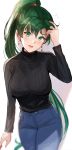  1girl arm_up bangs black_sweater blush breasts commentary denim earrings eyebrows_visible_through_hair fire_emblem fire_emblem:_the_blazing_blade green_eyes green_hair head_tilt high_ponytail highres jeans jewelry lips long_hair long_sleeves looking_at_viewer lyn_(fire_emblem) medium_breasts open_mouth ormille pants ponytail shiny shiny_hair shiny_skin simple_background smile solo sweater tied_hair white_background 