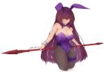  1girl animal_ears breasts bunny_ears bunny_girl bunnysuit detached_collar fake_animal_ears fate/grand_order fate_(series) fishnet_legwear fishnets gae_bolg hairband highres large_breasts leotard long_hair piercing_bunny polearm purple_hair purple_hairband purple_leotard purple_neckwear red_eyes scathach_(fate)_(all) scathach_(fate/grand_order) solo spear strapless strapless_leotard weapon wrist_cuffs zi_ge_cai_qu 