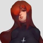  1girl bad_id bad_newgrounds_id black_sweater breasts cross eyelashes hair_over_one_eye highres huge_breasts inverted_cross lips long_hair nat_the_lich nose orange_eyes parasoul_(skullgirls) skullgirls solo sweater turtleneck turtleneck_sweater upper_body white_background 
