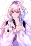  1girl absurdres ahoge blush closed_mouth fate/grand_order fate_(series) hand_up highres long_hair long_sleeves looking_at_viewer merlin_(fate/prototype) petals pointy_ears red_eyes sadao4a simple_background smile solo white_background white_hair wide_sleeves 
