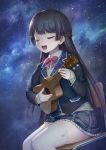  1girl bangs black_hair bow bowtie braid chair closed_eyes commentary_request highres holding holding_instrument instrument kath long_hair nijisanji open_mouth school_chair school_uniform skirt sky smile solo star_(sky) starry_sky teeth thighhighs tsukino_mito ukulele virtual_youtuber white_legwear 