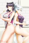 2girls alfred_cullado animal_ear_fluff animal_ears apron ass ass-to-ass back-to-back bangs banned_artist bikini black_hair blake_belladonna blue_eyes breasts cat_ears cleavage closed_mouth collarbone eyebrows_visible_through_hair frilled_apron frills hair_between_eyes hair_intakes highres indoors large_breasts long_hair looking_at_viewer medium_breasts multiple_girls nearly_naked_apron purple_apron ribbon rwby shiny shiny_hair side-tie_bikini sideboob silver_hair standing swimsuit very_long_hair watermark weiss_schnee white_apron white_ribbon yellow_eyes 