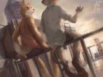 anthro canid canine canis detailed_background domestic_cat domestic_dog duo fall_born_dog felid feline felis male male/male mammal pawpads paws roof siamese sunset 