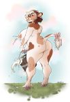  anthro big_breasts big_butt bodily_fluids bovid bovine breasts bucket butt butt_pose cattle cloven_hooves decent. ear_tag female hair hooves lactating looking_back mammal milk nipples nude pose slightly_chubby solo standing 