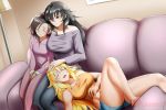  3girls ahoge alfred_cullado banned_artist blonde_hair blue_shorts breasts closed_eyes collarbone couch drooling dutch_angle gradient_hair grey_hair hand_on_another&#039;s_head highres indoors jacket lap_pillow long_hair lying medium_breasts mother_and_daughter multicolored_hair multiple_girls navel off-shoulder_shirt off_shoulder on_back open_mouth pajamas pants pink_jacket pink_pants purple_shirt raven_branwen red_eyes red_hair ruby_rose rwby shiny shiny_hair shirt short_shorts shorts sitting sleeping stomach tank_top very_long_hair watermark yang_xiao_long yellow_tank_top 