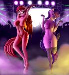  5_fingers anthro areola arms_above_head bat_pony bat_wings breasts brown_eyes casual_nudity cleavage clothed clothing crowd cutie_mark dance_floor dancing duo ear_piercing equid equine exhibitionism eyes_closed fan_character female female/female fingers genitals gloves group handwear hasbro hi_res humanoid_hands laser looking_back mammal membrane_(anatomy) membranous_wings my_little_pony navel nightclub nipples nude on_one_leg open_mouth open_smile piercing pony-way public public_nudity pussy silhouette smile smoke spread_wings standing unguligrade_anthro wings 