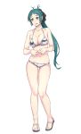  1girl alternate_costume antenna_hair aqua_hair bare_arms bare_legs bare_shoulders blush breasts collarbone commentary_request eyebrows_visible_through_hair green_eyes green_hair hair_ribbon halterneck highres irako_(kantai_collection) kantai_collection large_breasts long_hair ribbon sandals shiny shiny_clothes silver_bikini simple_background skindentation solo string_bikini sweatdrop swimsuit white_background yuuji_(and) 