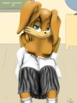  anthro archie_comics bedroom_eyes bottomwear breasts bunnie_rabbot classroom clothed clothing female footwear freckles fur green_eyes hair lagomorph leporid lettherebecolor looking_at_viewer mammal narrowed_eyes nipples partially_clothed rabbit school school_uniform seductive seductive_eyes simple_background sitting skirt smile socks solo sonic_the_hedgehog_(archie) sonic_the_hedgehog_(comics) sonic_the_hedgehog_(series) text uniform 