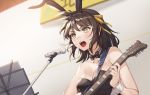  animal_ears bow bowtie brown_hair bunnysuit collarbone fake_animal_ears guitar hairband highres instrument microphone music open_mouth orange_hairband playing_instrument short_hair simple_background singing suzumiya_haruhi suzumiya_haruhi_no_yuuutsu sweat v wrist_cuffs yellow_eyes 