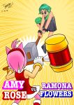  2016 absurd_res accessory amy_rose anthro black_eyes boots bracelet clenched_teeth clothing dated death_battle dress duo english_text eulipotyphlan female fight footwear fur gloves green_hair hair hair_accessory hammer handwear hedgehog hi_res holding_object holding_weapon human jewelry mammal piko_piko_hammer pink_body pink_fur purse ramona_flowers red_clothing red_dress scott_pilgrim_vs._the_world signature simple_background sonic_the_hedgehog_(series) teeth text tools tyscope3 weapon yellow_background 