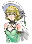  .hack// .hack//g.u. 1girl 203wolves :d ahoge atoli_(.hack//) bangs blonde_hair breasts cape cleavage collarbone criss-cross_halter cropped_torso detached_sleeves dress green_dress green_sleeves hair_between_eyes halterneck hat looking_at_viewer open_mouth shiny shiny_hair short_hair simple_background sleeveless sleeveless_dress smile solo upper_body white_background white_cape white_headwear yellow_eyes 