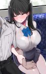  1boy 1girl :p absurdres bangs black_hair blue_eyes blush breasts hand_on_another&#039;s_thigh hetero highres large_breasts long_hair looking_at_viewer mitsudoue naughty_face original skirt solo_focus tongue tongue_out 