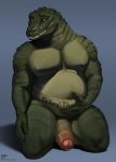  2020 anthro barazoku biceps biped blue_background claws crocodile crocodilian crocodylid digital_media_(artwork) english_text finger_claws fingers foreskin front_view full-length_portrait genitals green_claws green_eyes green_nipples green_penis grin hand_on_stomach hi_res humanoid_genitalia humanoid_penis looking_at_viewer male musclegut muscular muscular_anthro muscular_male navel nipples nude omari pecs penis portrait reptile scalie simple_background smile solo tattoo teeth text thick_penis uncut 