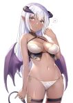  1girl 47agdragon ass_visible_through_thighs bat_wings blush breasts copyright_request cowboy_shot dark_skin demon_girl demon_horns demon_tail demon_wings eyebrows_visible_through_hair highres horns large_breasts light_purple_hair long_hair navel parted_lips pointy_ears simple_background skindentation solo spoken_blush stomach succubus tail thigh_strap white_background wings 