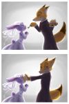  2016 absurd_res anthro black_tie_(suit) cake canid canine clothed clothing comic disney dress duo female food fox fully_clothed fur grey_background grey_body grey_fur hi_res humor judy_hopps lagomorph leporid male mammal nick_wilde open_mouth open_smile orange_body orange_fur rabbit red_fox simple_background smile suit tongue tongue_out unknownlifeform wedding_dress zootopia 