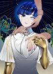  1other absurdres androgynous bangle bangs blue_eyes blue_hair blunt_bangs bracelet collar colored_eyelashes crying crying_with_eyes_open crystal_hair flower gold golden_arms hands head_tilt heterochromia highres houseki_no_kuni jewelry looking_at_viewer phosphophyllite phosphophyllite_(ll) see-through short_hair solo tarantulaines tears upper_body white_eyes 