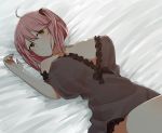  1girl ahoge areolae bangs blush breasts cleavage commentary_request eyebrows_visible_through_hair large_breasts looking_at_viewer lying nightgown no_bra no_panties on_back open_mouth philuffy_aingram pink_hair saijaku_muhai_no_bahamut senju_(snz0) sleepwear solo yellow_eyes 