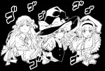  3girls alice_margatroid apron arms_up bangs black_background black_dress bow braid buttons capelet dress frilled_dress frilled_sleeves frills frown greyscale hat hat_bow highres jojo_pose juliet_sleeves kirisame_marisa long_hair long_sleeves looking_at_viewer menacing_(jojo) mob_cap monochrome multiple_girls natsume_(menthol) open_mouth pajamas patchouli_knowledge pointing pointing_at_viewer pose puffy_short_sleeves puffy_sleeves short_hair short_sleeves side_braid simple_background single_braid smile striped striped_dress touhou waist_apron white_bow witch witch_hat 